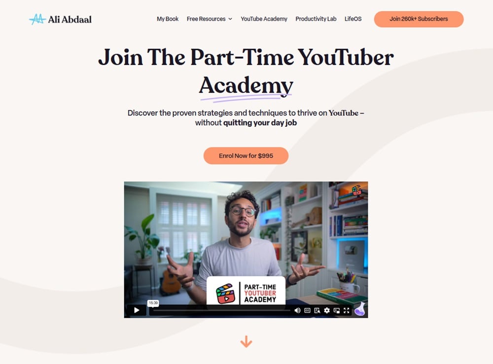 Ali Abdaal's homepage titled "Join The Part-Time YouTuber Academy"